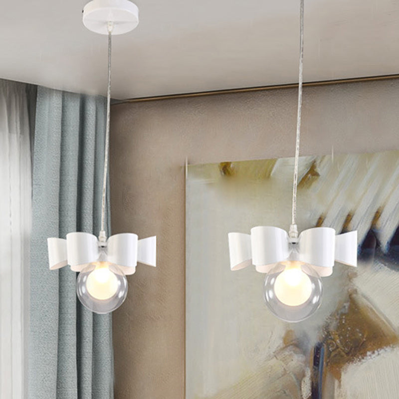Modern White Glass Orb Pendant Light With Bow Deco - 1-Light Restaurant Hanging Fixture