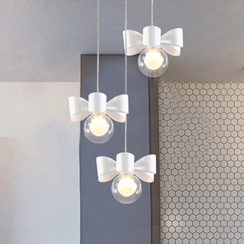 Modern White Glass Bubble Pendant Light With Bow 3 Heads For Dining Table
