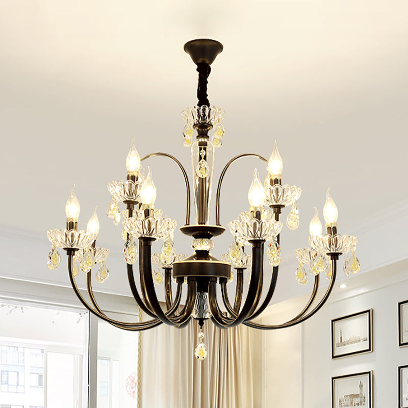 Rustic Metal Black Candle Chandelier: Elegant 12/15-Light Living Room Hanging Lamp With Crystal
