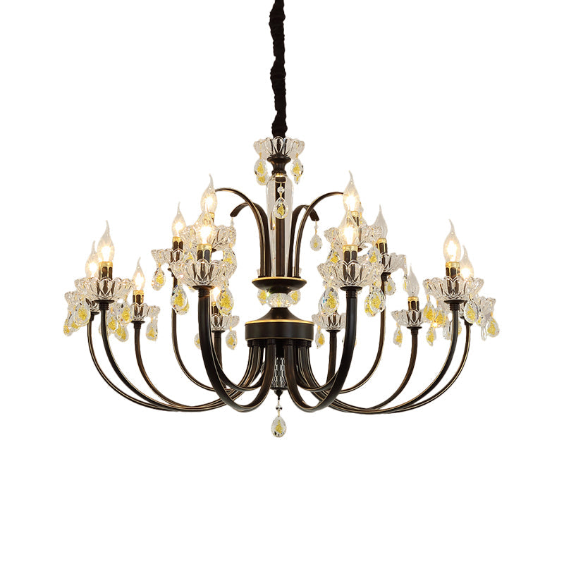 Rustic Metal Black Candle Chandelier: Elegant 12/15-Light Living Room Hanging Lamp With Crystal