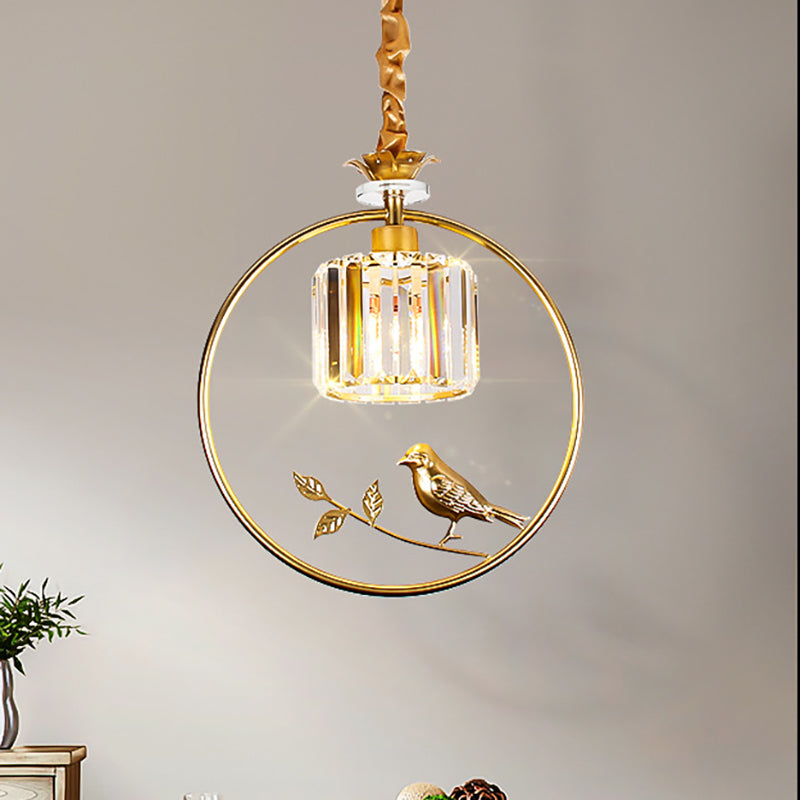 Minimalist Crystal Hanging Pendant Lamp - Cylinder Shape With Gold/Black Ring Ideal For Dining Room