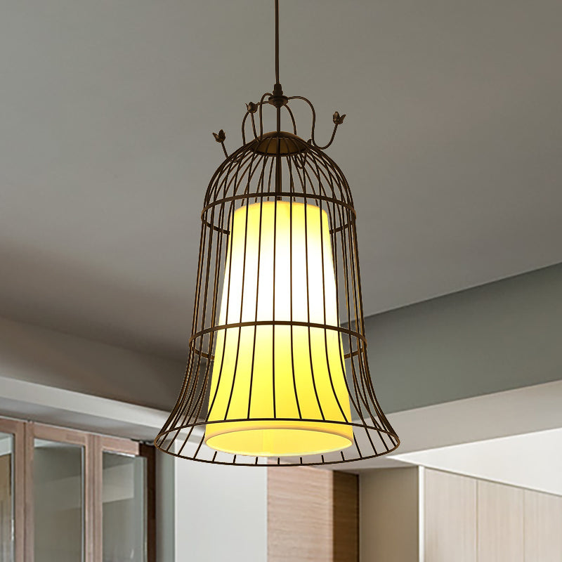 Vintage Bell White Glass Hanging Light - 1 Dining Room Pendant With Black Wire Cage (10/14 Wide)