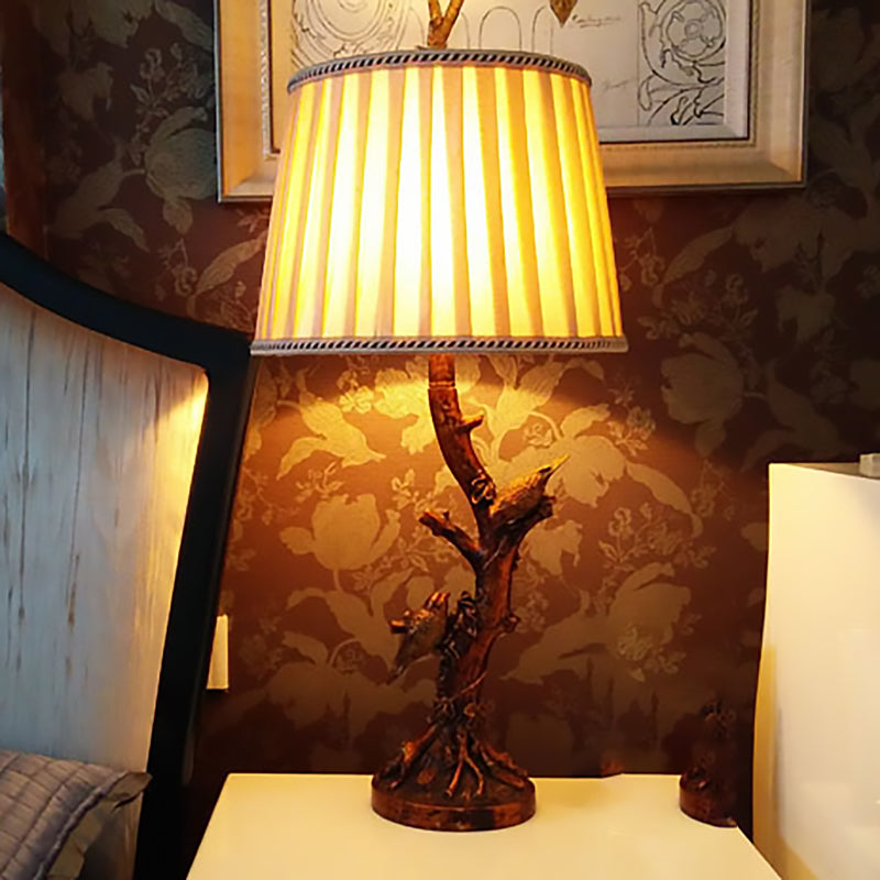 Rustic Beige Drum Bedroom Reading Lamp - 1-Light Fabric Desk Light With Tree And Birds