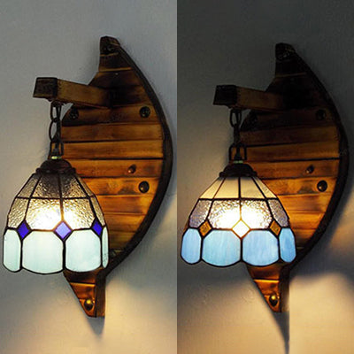 Tiffany Style Stained Glass Wall Sconce - Blue Dome-Shaped Mount Fixture 1 Light 6/5.5 W With Chain