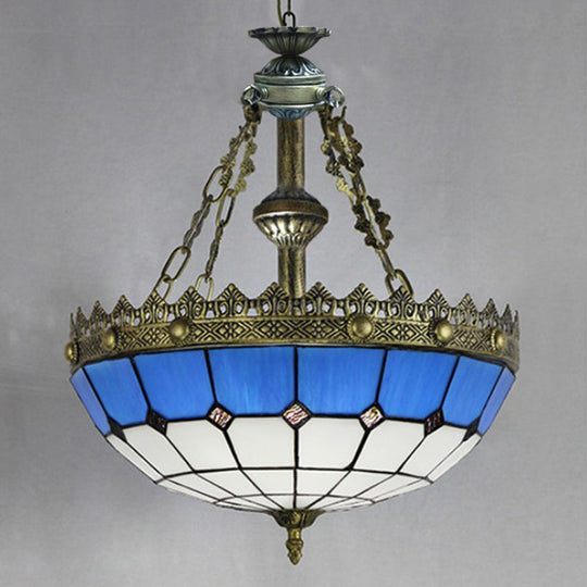 Adjustable Stained Glass Ceiling Pendant - Mediterranean Bowl Drop Light with Metal Chain - White/Clear