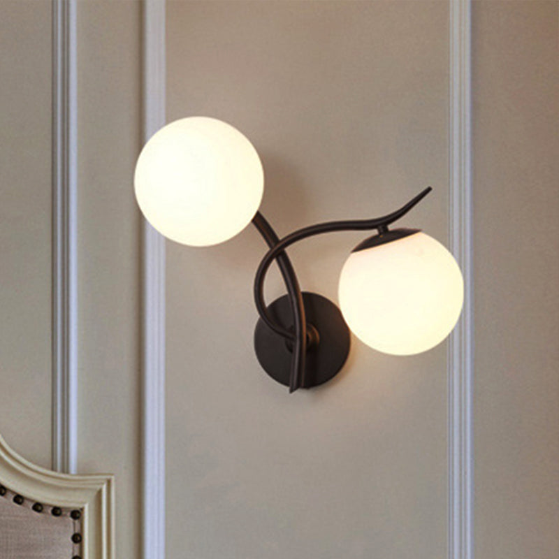 Contemporary Black Wall Sconce Light With 2 Bulbs And Milky Glass - Modern Globe Fixture White