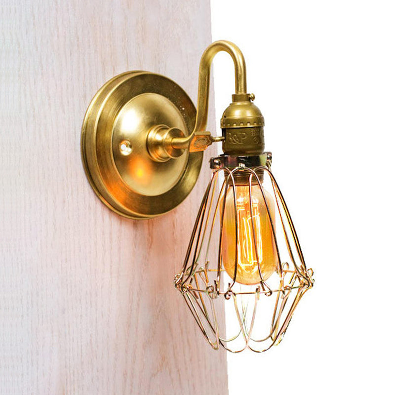Vintage Stylish Polished Brass Wire Guard Wall Sconce - 1 Light Corridor With Gooseneck Arm