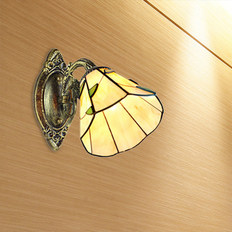 Tiffany Stained Glass Wall Sconce With Curved Brass Arm & One Light Beige
