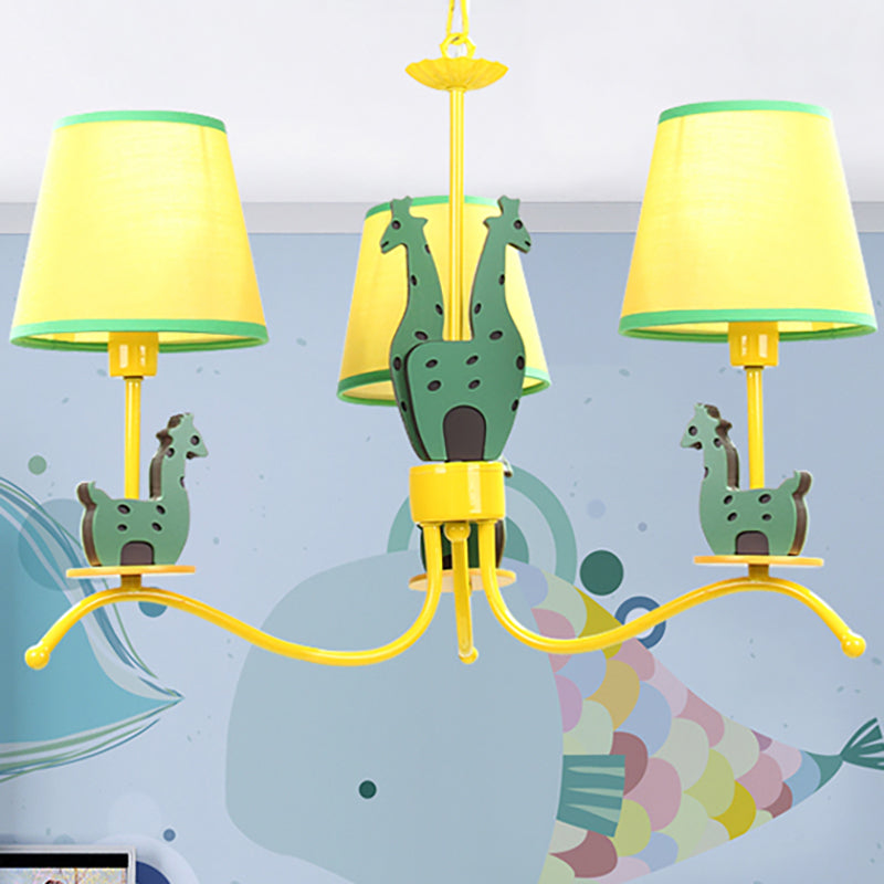Yellow Cartoon Wood Giraffe Chandelier Light For Living Room With Tapered Shade