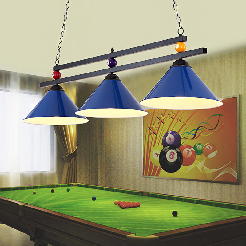Black/Red Industrial Cone Shade Ceiling Pendant With 3 Metal Heads And Billiard Ball Deco Blue