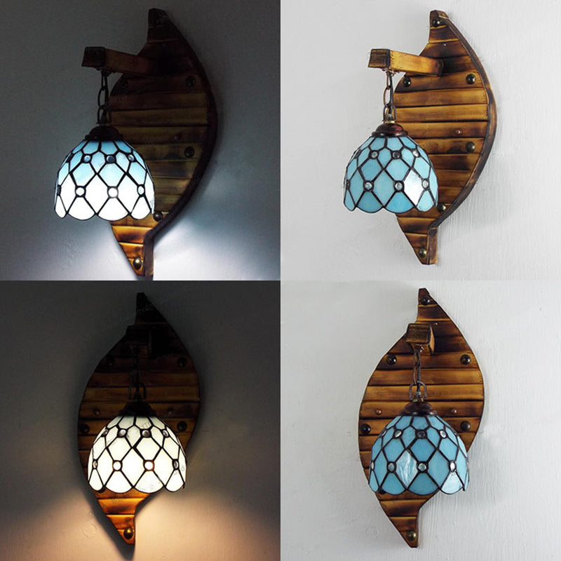 Tiffany Stained Glass Scallop Wall Light: Colorful Blue-White/Red/Blue/Purple Mount Fixture For