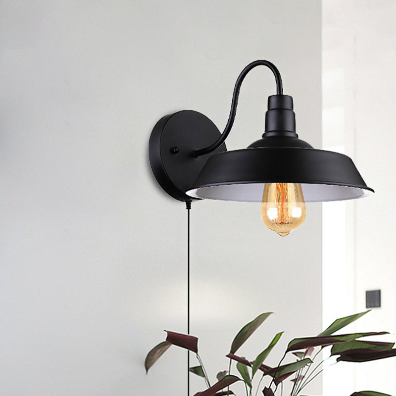 Barn Industrial Metal Wall Light Fixture - 1-Light Black Sconce With Gooseneck Arm And Plug-In Cord