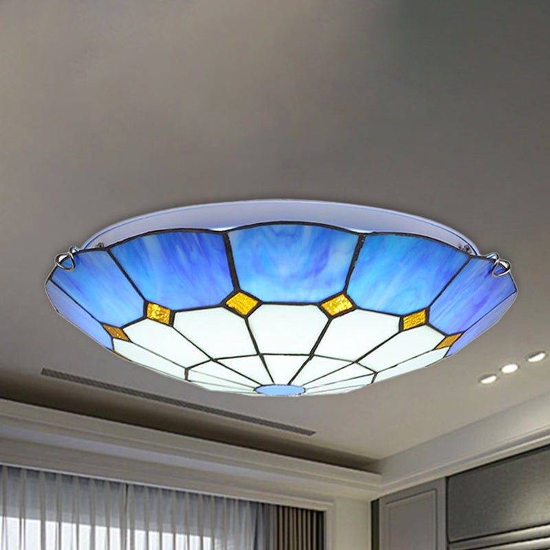 Tiffany Blue Stained Glass Flush Ceiling Light With Bowl Shade - Perfect For Living Room