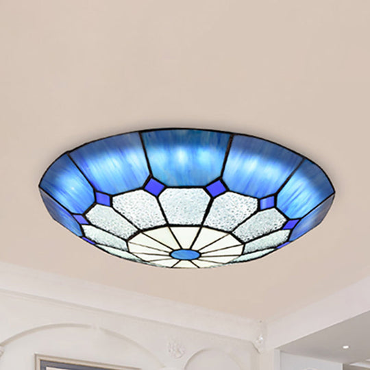 Tiffany Blue Stained Glass Flush Ceiling Light With Bowl Shade - Perfect For Living Room / 12