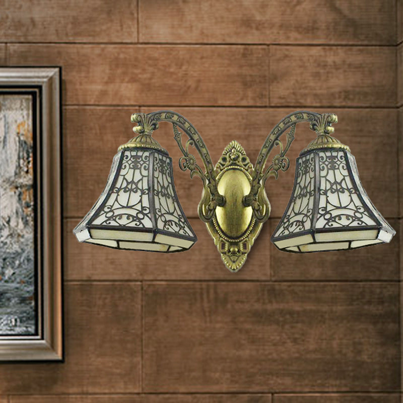 2-Head Beige Glass Bell Wall Sconce With Rustic Lodge Fence Design