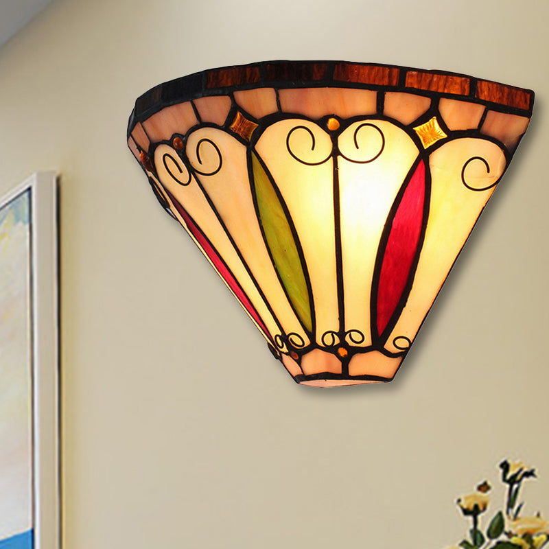 Vintage Stained Glass Mini Wall Sconce: 2 Lights Multi-Color Bowl Shade Beige