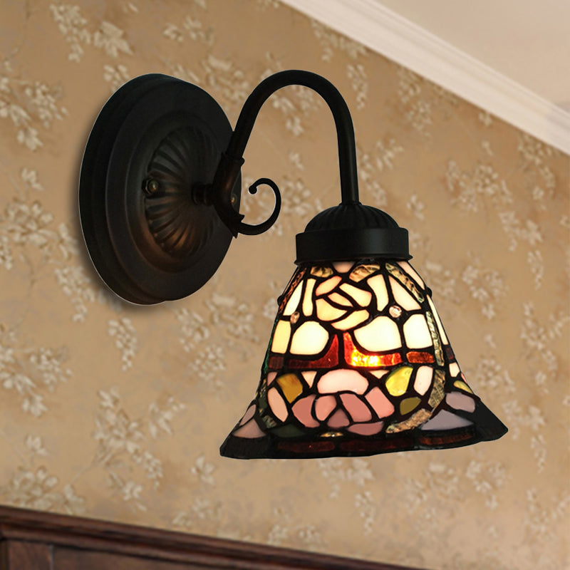 Victorian Stained Glass Wall Sconce With Flared Head And Rose Pattern Black