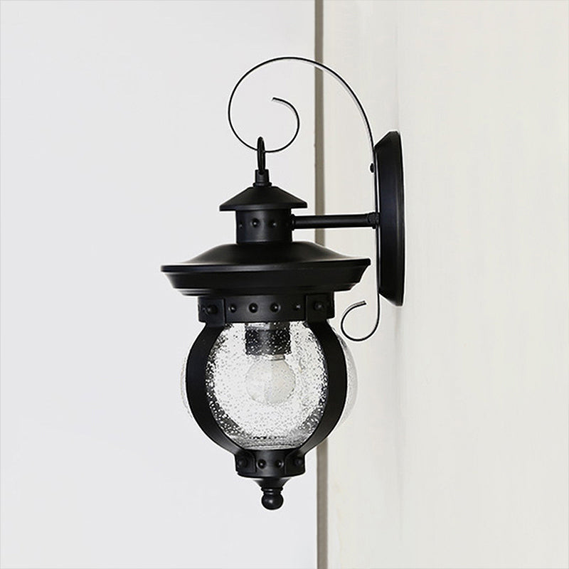 Rustic Black Lantern Wall Sconce With Seedy Glass - Bedroom Lighting Fixture