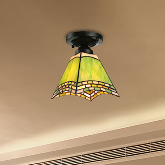 Tiffany-Style Art Glass Ceiling Light - 1 Light Green Flush Mount Fixture for Offices and Corridors