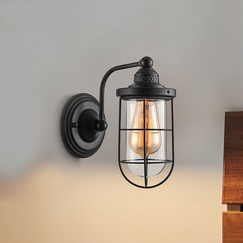 Industrial Black Wire Cage Wall Sconce Light For Stairway - Clear Glass 1/2-Bulb Fixture 1 /
