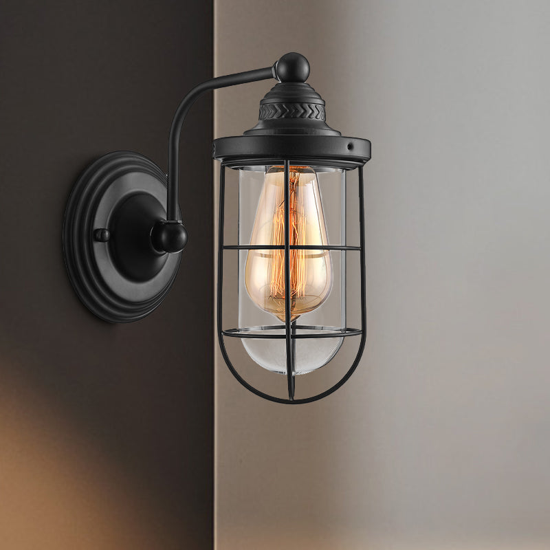 Industrial Black Wire Cage Wall Sconce Light For Stairway - Clear Glass 1/2-Bulb Fixture