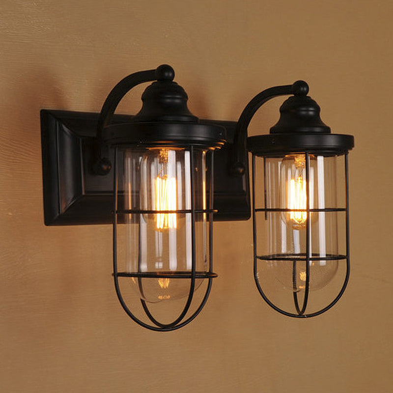 Industrial Black Wire Cage Wall Sconce Light For Stairway - Clear Glass 1/2-Bulb Fixture 2 /