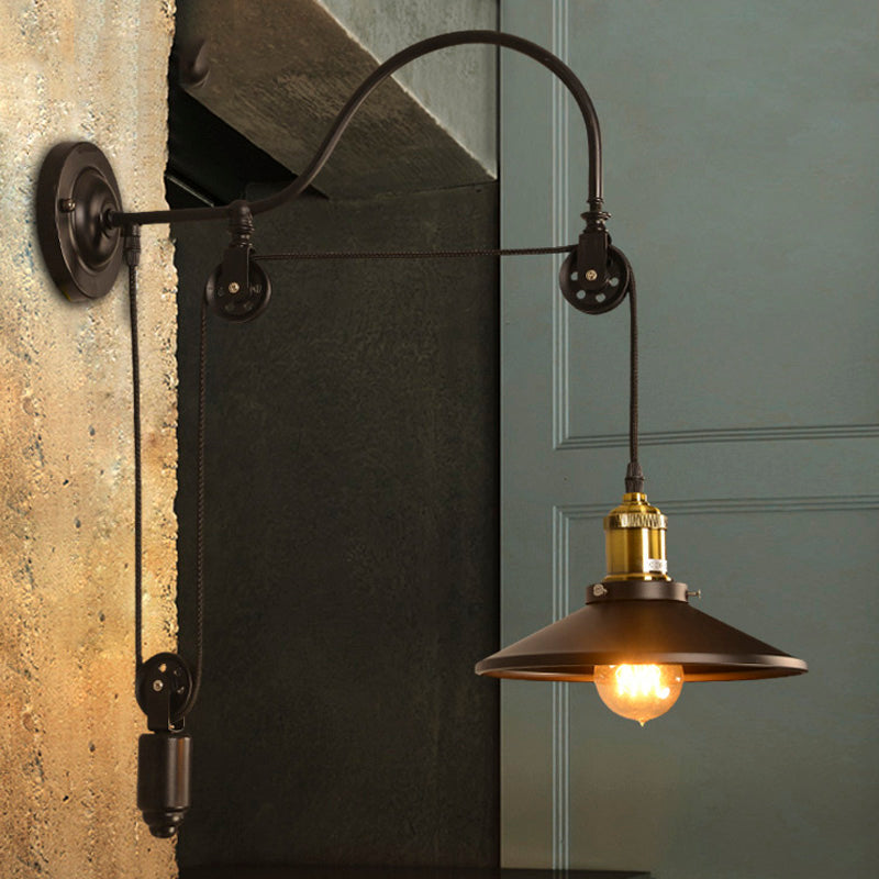 Industrial Style Wall Mounted Lamp: Adjustable Black Metallic Fixture With Pulley Design