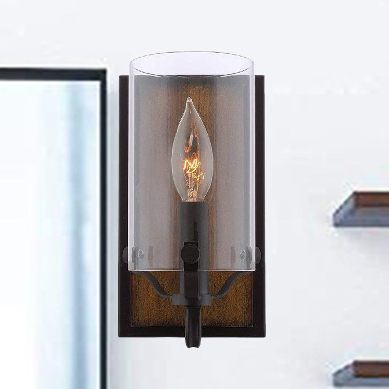 Industrial Brown Glass Wall Mounted Light Fixture With Wooden Backplate Clear