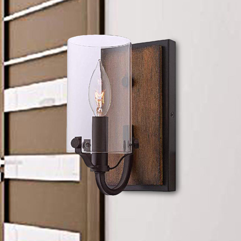 Industrial Brown Glass Wall Mounted Light Fixture With Wooden Backplate