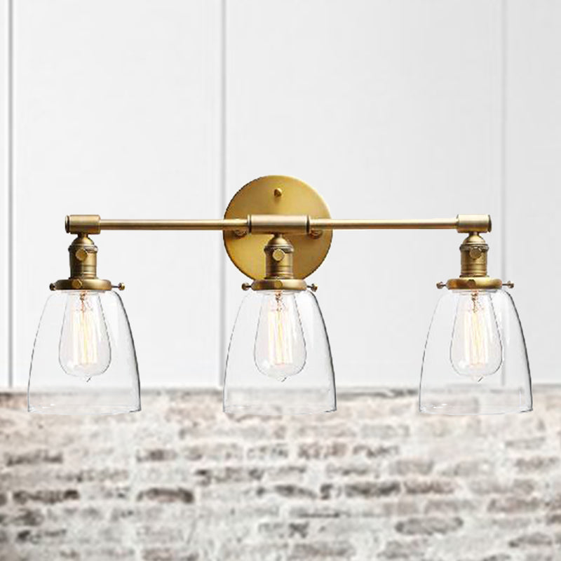 Industrial Brass Cone Wall Mounted Light Fixture - Clear Glass Lighting For Restaurants 3-Bulb