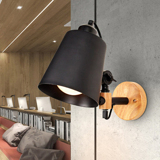 Modern Metal Wall Lamp With Bucket Shade 1 Light Corridor Mount Wooden Backplate Black/White Black
