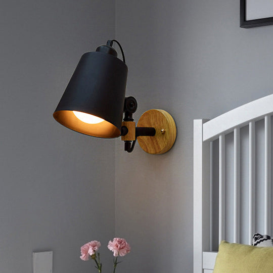 Modern Metal Wall Lamp With Bucket Shade 1 Light Corridor Mount Wooden Backplate Black/White