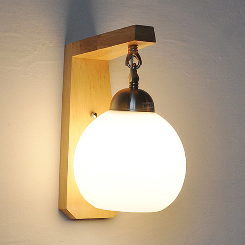 Industrial Wall Sconce With Opal Glass Globe Shade And Wood Backplate - Bedroom Lighting Fixture
