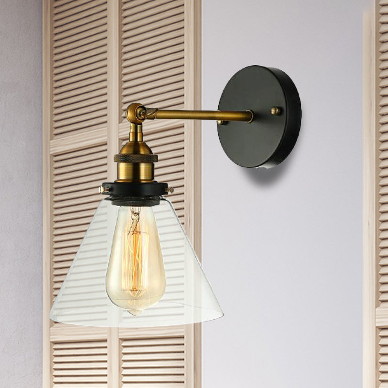 Industrial Bedroom Wall Lamp - Clear Glass Sconce Light With Black Conical Fixture