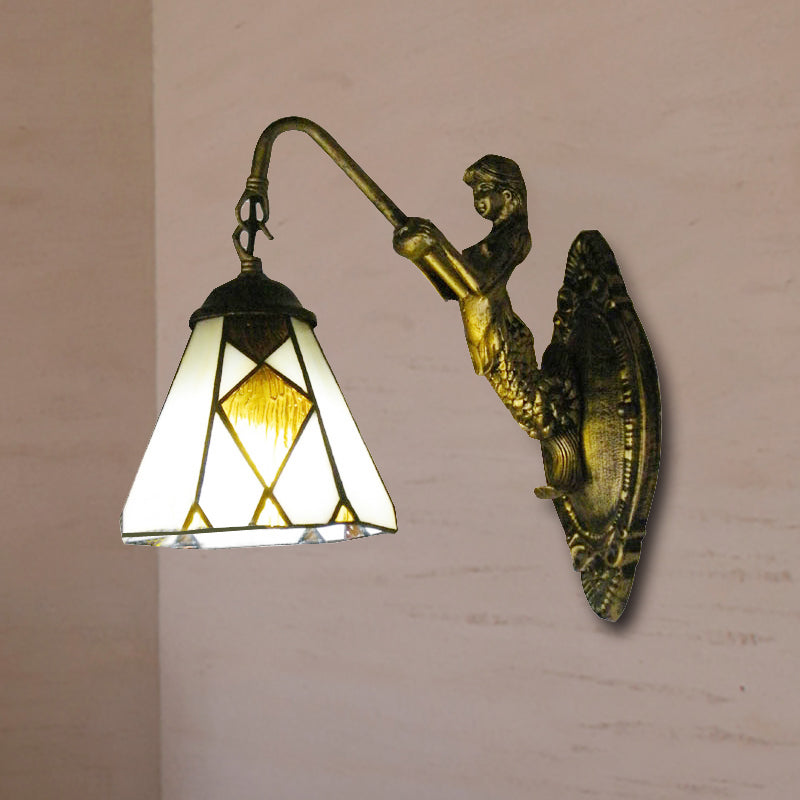 Mermaid Backplate Tiffany Cone Wall Sconce Light With Beige Glass