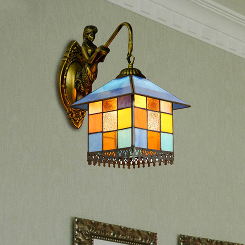 Mediterranean Multicolor Stained Glass Wall Sconce Light - Antique Brass Fixture