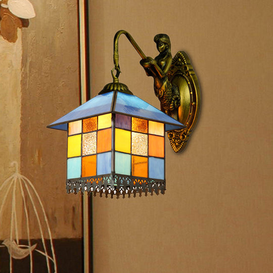Mediterranean Multicolor Stained Glass Wall Sconce Light - Antique Brass Fixture