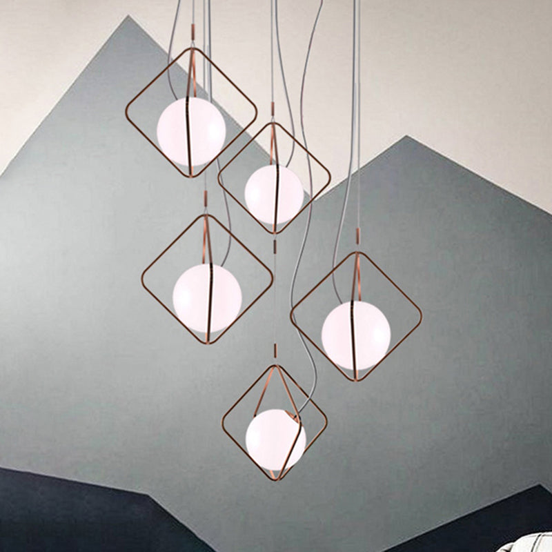 Modern White Square Suspension Light With Orb Shade - Metal & Glass Pendant For Living Room / 10