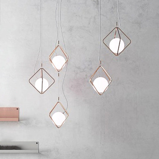 Modern Square Suspension Light with Metal & Glass Orb Shade in White – Ideal for Living Room