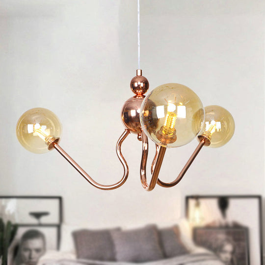 Copper Industrial Chandelier With 3 Clear/Amber Glass Lights For Dining Room Pendant Amber / Globe