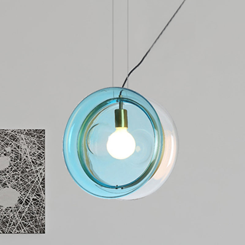 Orbit Corridor Hotel Glass Pendant Lamp With Single Head And Brass Ring Light Blue