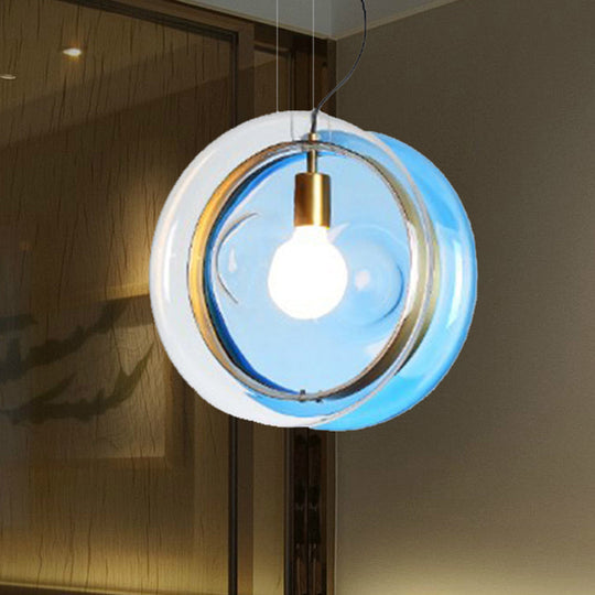 Orbit Corridor Hotel Glass Pendant Lamp With Single Head And Brass Ring Dark Blue
