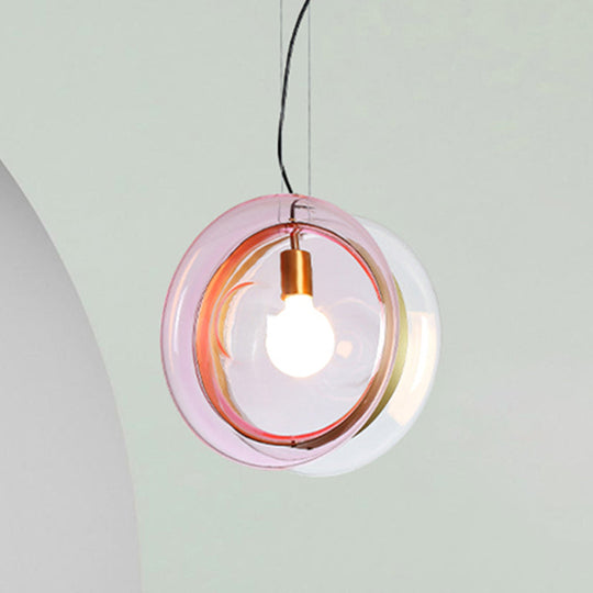 Orbit Corridor Hotel Glass Pendant Lamp With Single Head And Brass Ring Pink