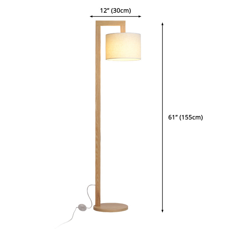 Wooden Right Angle Arm Floor Lamp - Asian Style Single Head Beige Standing With Fabric Shade