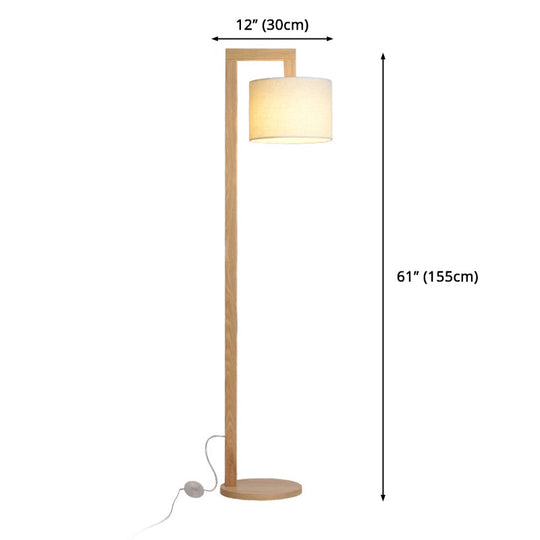 Wooden Right Angle Arm Floor Lamp - Asian Style Single Head Beige Standing With Fabric Shade