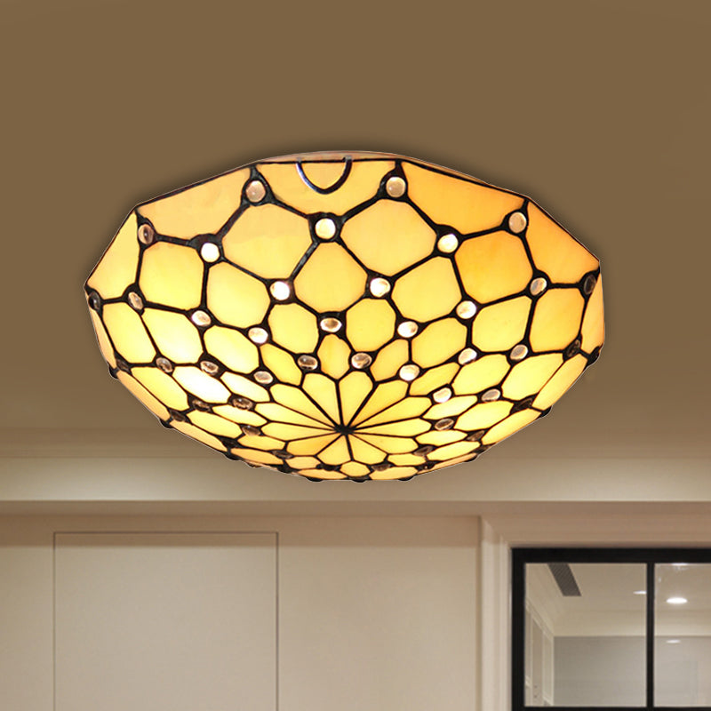 Rustic Loft Stained Glass Bowl Flush Light 2 Bulbs Beige Ceiling For Bedroom