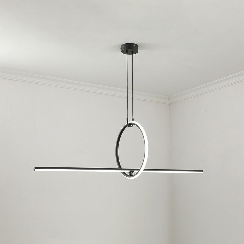 Modern Black Metal Stick And Ring Led Pendant Lamp For Dining Room Island / Warm