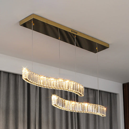 Wavy Prismatic Crystal Led Pendant Lamp For Restaurants In Brass Finish