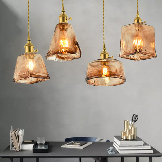 Brass Shaded Drop Pendant Vintage Handmade Tan Glass 1-Bulb Living Room Pendulum Light