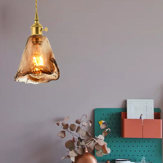 Brass Shaded Drop Pendant Vintage Handmade Tan Glass 1-Bulb Living Room Pendulum Light
